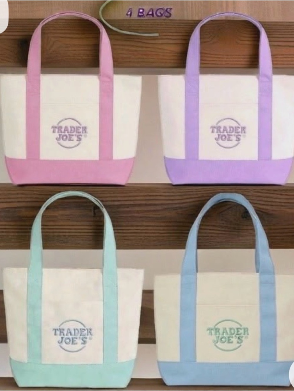 Trader Joe's Canvas Mini Tote Full SET - Pastel Pink, Lavender, Mint & Sky Blue